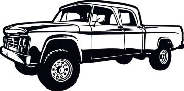 Klasik Kamyon 90 'lar, Kaslı araba, Klasik araba, Stencil, Siluet, Vector Clip Art - Kamyon 4x4 SUV off-road arabası ve beyaz üzerine izole edilmiş t-shirt ve amblem elementleri