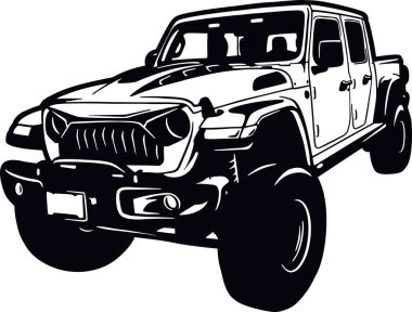 Klasik Kamyon 90 'lar, Kaslı araba, Klasik araba, Stencil, Siluet, Vector Clip Art - Kamyon 4x4 SUV off-road arabası ve beyaz üzerine izole edilmiş t-shirt ve amblem elementleri