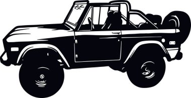 Klasik Kamyon 70 'ler, Kaslı araba, Klasik araba, Stencil, Siluet, Vector Clip Art - Kamyon 4x4 SUV off-road arabası ve beyaz üzerine izole edilmiş t-shirt ve amblem elementleri