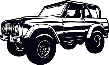Klasik Kamyon 90 'lar, Kaslı araba, Klasik araba, Stencil, Siluet, Vector Clip Art - Kamyon 4x4 SUV off-road arabası ve beyaz üzerine izole edilmiş t-shirt ve amblem elementleri
