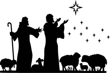 Kutsal Gece silueti - İsa 'nın İsa' nın doğuş sahnesi Meryem 'in yemliğinde ve Yusuf' un üç bilge adamla birlikte. Hayvanların ve meleklerin Hristiyan Noel silueti. Resimler için
