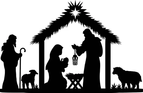 Silueta Noche Santa Belén Bebé Jesús Silueta Pesebre Con María — Vector de stock