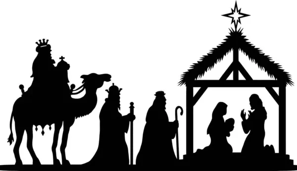 Silhouette Nuit Sainte Scène Nativité Silhouette Enfant Jésus Dans Une Vecteurs De Stock Libres De Droits