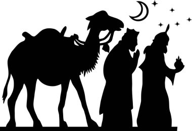 Kutsal Gece silueti - İsa 'nın İsa' nın doğuş sahnesi Meryem 'in yemliğinde ve Yusuf' un üç bilge adamla birlikte. Hayvanların ve meleklerin Hristiyan Noel silueti. Resimler için