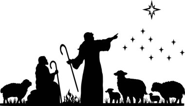 Kutsal Gece silueti - İsa 'nın İsa' nın doğuş sahnesi Meryem 'in yemliğinde ve Yusuf' un üç bilge adamla birlikte. Hayvanların ve meleklerin Hristiyan Noel silueti. Resimler için