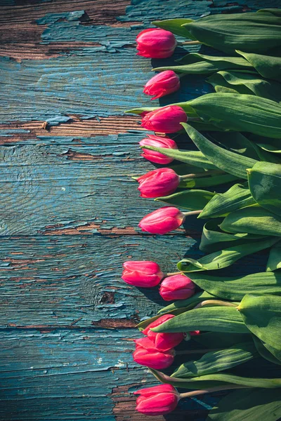 Red tulips on a green wooden board