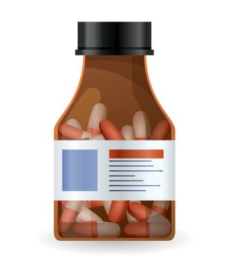 Pill bottle label and pills inside. Medical jar for pills, drugs, tablets, capsules or vitamins. Pharmaceutic container in vector flat style design. Medicine bottle isolated on white background.