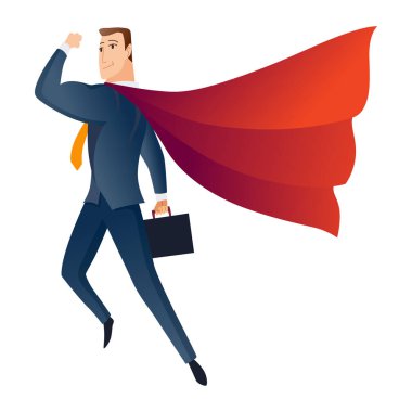 Businessman superhero character. Office worker or manager in costume and red fluttering cloak cape. Cartoon powerful man in spectacular action pose superhero. Vector isolated on white background.