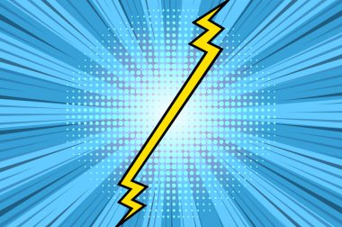 Çizgi roman arka plana karşı. Çizgi film yıldırımı retro pop sanatına karşı. Boş şablon tasarımı. Vektör illüstrasyonu.