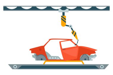 Fabrika üretim hattı. Endüstri robotu kolu taşıma bandında araba monte ediyor. Otomatik üretimi olan otomobil fabrikası. Yenilikçi ekipmanlarla araç üretim süreci. Robot Otomotiv.