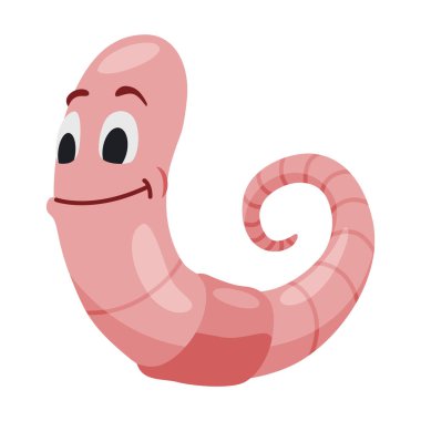 Komik solucan. Pembe mutlu sürüngen sürünür ve gülümser. Toprak solucanı çizgi film karakteri, vahşi yaşam. Çocuklar için illüstrasyon böceği.