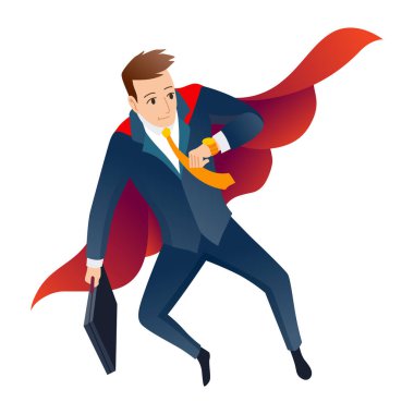 Businessman superhero character. Office worker or manager in costume and red fluttering cloak cape. Cartoon powerful man in spectacular action pose superhero. Vector isolated on white background.