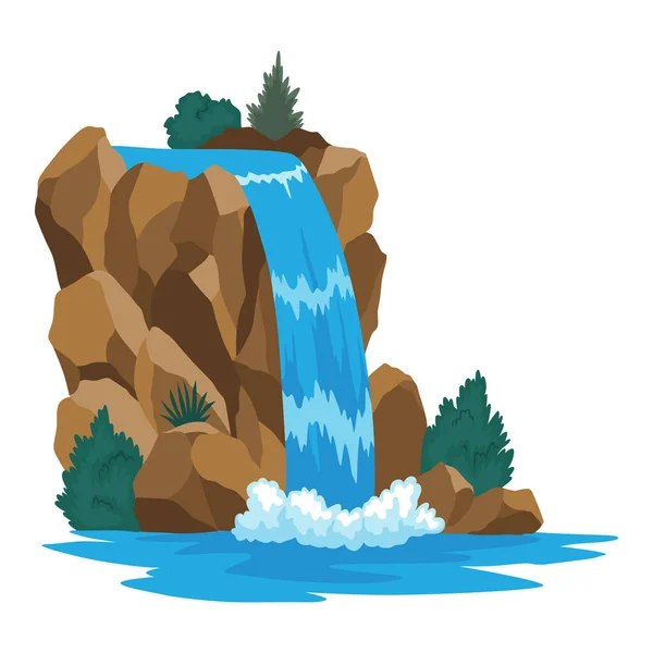 Cartoon river waterfall. Landscape with mountains and trees. Design element for travel brochure or illustration mobile game. Fresh natural water.