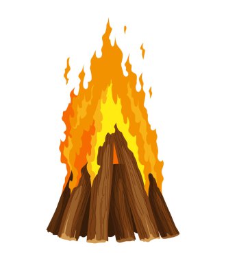 Fireplace campfire type. Burning wood, travel and adventure symbol. Vector bonfire or woodfire in cartoon flat style. Tourist bonfires in stack.