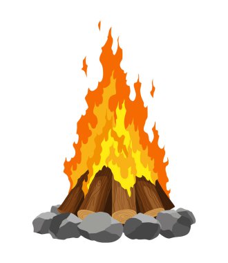 Fireplace campfire type. Burning wood, travel and adventure symbol. Vector bonfire or woodfire in cartoon flat style. Tourist bonfires in stack.