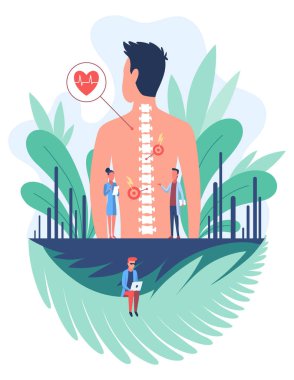 Osteopathy spine pain treatment. Patient male standing back, doctors looking at her spine flat vector illustration. Disease diagnosis. Bone health.