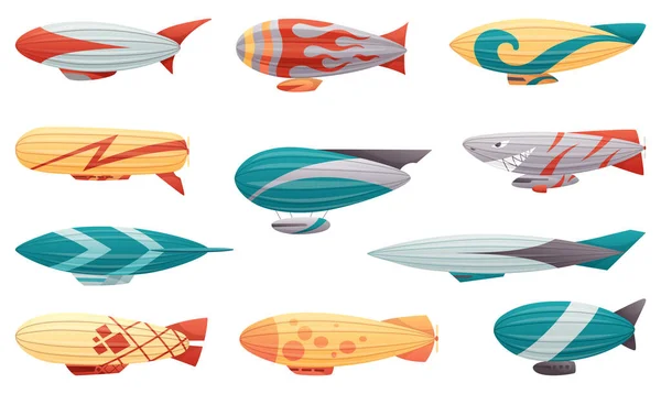 Zeplin Yolcu Gemileri Ayarlandı Parlak Renkli Puro Şeklinde Balonlar Uzun — Stok Vektör
