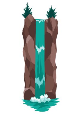 Karikatür nehri şelalesi. Dağlar ve ağaçlarla kaplı bir manzara. Seyahat broşürü veya illüstrasyon mobil oyunu için tasarım ögesi. Taze doğal su.