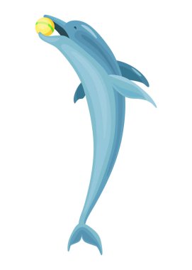 Dolphin cartoon character. Ocean mammal in motion. Vector illustration of sea life blue fish or wild nature animal isolated on white.