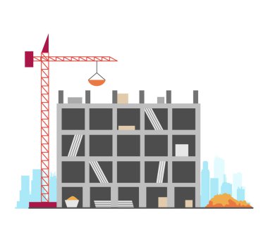 Construction site stage. Multi story house construction. Building process. Build techniques and machines. Housing development. Unfinished.