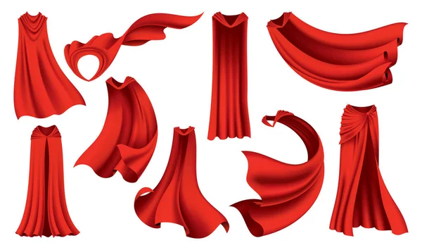 Супергеройський Червоний Мис Різних Положеннях Спереду Збоку Червона Тканина Шовковий — стоковий вектор