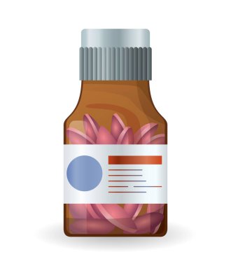 Pill bottle label and pills inside. Medical jar for pills, drugs, tablets, capsules or vitamins. Pharmaceutic container in vector flat style design. Medicine bottle isolated on white background.