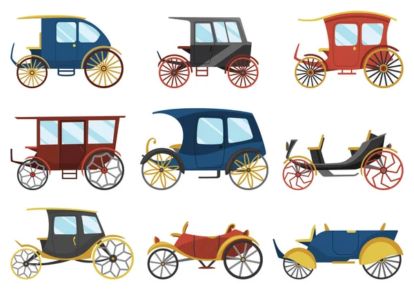 卡通片集 老旧的车轮运输 旅游用的皇家马车 战车或旅行车的古董交通工具 婚礼用的马车 不同设计的复古购物车图标 — 图库矢量图片