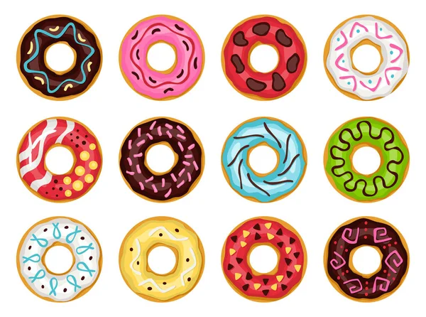 Donuts Top View Snoepjes Desserts Collectie Glazuur Voor Menu Ontwerp — Stockvector