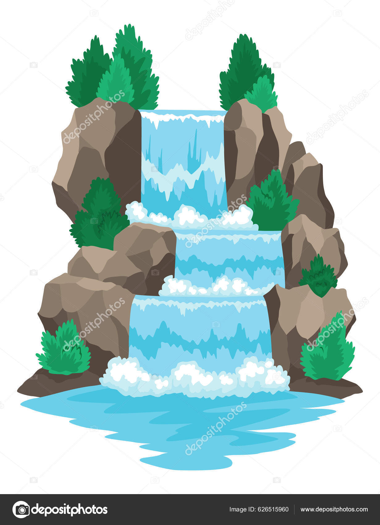 Карикатурный Водопад Реки Каскад Пейзаж Горы Деревья Элемент.
