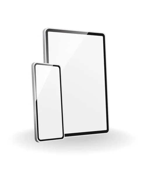 電子機器のモックアップ ホワイトタブレットとスマートフォン 現代的でプレミアムなハードウェアの新バージョン 白い背景に隔離された影を持つガジェットテンプレート — ストックベクタ