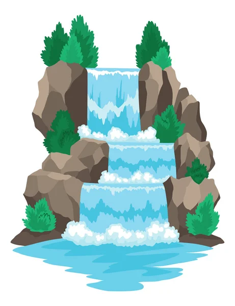Мультяшний Річковий Каскад Водоспаду Пейзаж Горами Деревами Елемент Дизайну Подорожей — стоковий вектор