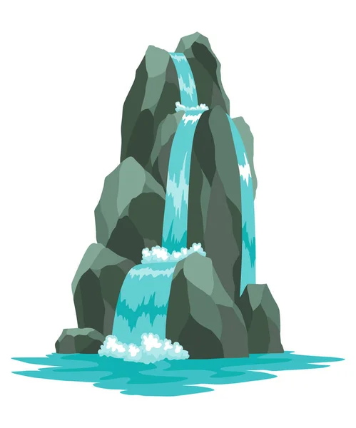 Cartoon River Kaskade Wasserfall Landschaft Mit Bergen Und Bäumen Gestaltungselement — Stockvektor