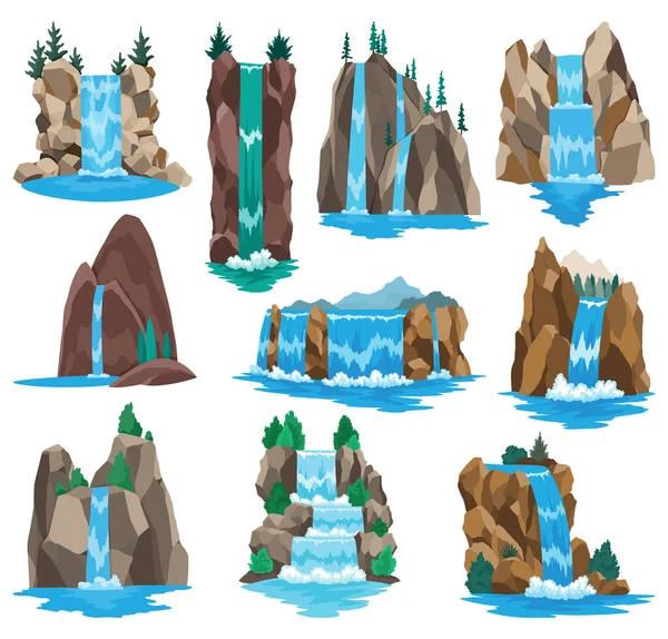 Collection of cartoon river cascade waterfalls. Landscapes with mountains and trees. Design elements for travel brochure or illustration mobile game. Fresh natural water.