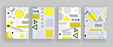 Afişlerde geometrik şekiller var. Basit rakamlar. Memphis tasarımı, internet için retro elementler, reklamcılık, ticari afiş ya da poster. Basit şekilli soyut vektör deseni.