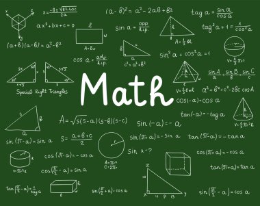 Matematik karalaması. Arkaplan, pano, pano, kitap kapağı vs. için el çizimi matematik formülleri. Eğitim endüstrisi. Okul eğitiminin matematiksel teorisi.