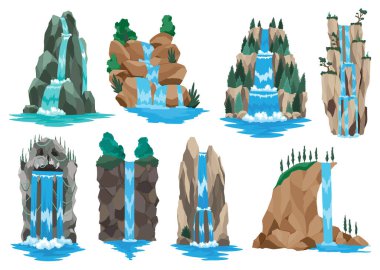 Çizgi film nehir şelaleleri koleksiyonu. Dağlı ve ağaçlı manzaralar. Seyahat broşürü ya da resimli mobil oyun için tasarım öğeleri. Taze doğal su.