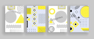 Afişlerde geometrik şekiller var. Basit rakamlar. Memphis tasarımı, internet için retro elementler, reklamcılık, ticari afiş ya da poster. Basit şekilli soyut vektör deseni.