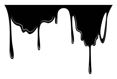Damlayan boya sıvısı. Akan yağ lekesi. Siyah damlalar. Soyut akış kalıbı, güncel mürekkep izi veya sıvı lekesi. Beyaz arkaplanda vektör illüstrasyonu.
