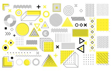 Geometric shapes background. Simple figures. Memphis design, retro elements for the Internet, advertising, commercial banner or poster. Abstract vector pattern with simple shapes.