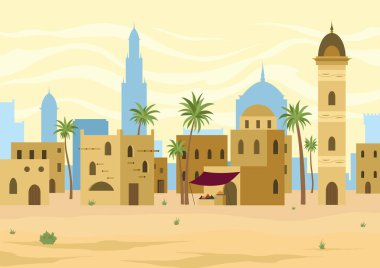 Middle east. Arabic desert landscape with traditional mud brick houses. Ancient building on background. Flat vector illustration.