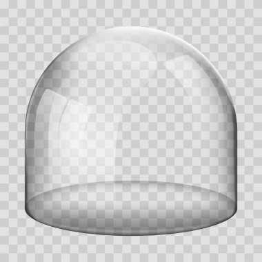 Glass dome. 3D Realistic spherical kitchen utensils, laboratory or exhibition case. Vector isolated glossy shape of showcase safety on transparent background.