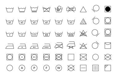 Laundry vector icons set. Care clothes instructions on labels, machine or hand washing signs collection. Water, ironing and drying temperature symbols collection, textile and fabric types.