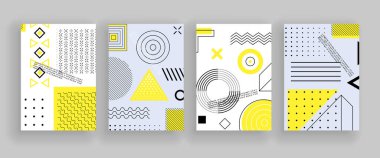 Afişlerde geometrik şekiller var. Basit rakamlar. Memphis tasarımı, internet için retro elementler, reklamcılık, ticari afiş ya da poster. Basit şekilli soyut vektör deseni.