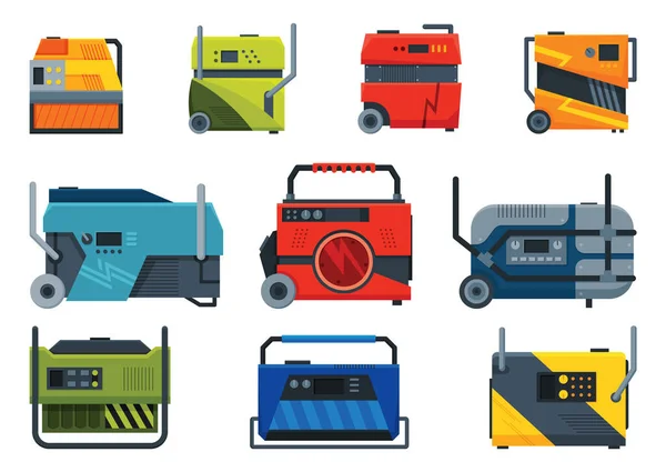 Portable Electric Power Generator Icon Set Gasoline Generator Emergency Equipments — Stockový vektor