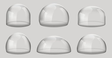 Glass domes. 3D Realistic spherical kitchen utensils, laboratory or exhibition cases. Vector set isolated glossy shape of showcase safety on gray background.