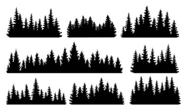 Fir trees silhouettes set. Coniferous spruce horizontal background patterns, black evergreen woods vector illustration. Beautiful hand drawn panorama with treetops forest. Black pine woods.