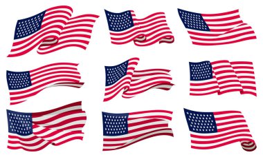 Bayraklar sallıyor. Beyaz arka planda Amerikan bayrakları. Ulusal bayraklar sallanıyor. Sancak tasarım ögeleri.