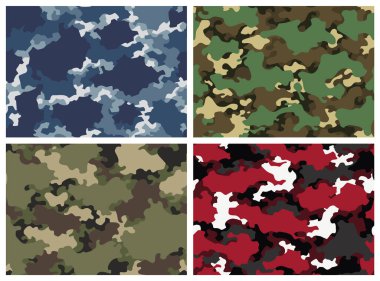 Camouflage texture seamless patterns set. Abstract modern camo backgrounds for fabric and fashion textile print. Woodland style. Textures of classic clothing in masking style.