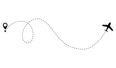 Airplane dotted route line. Path travel line shape. Flight route with start point and dash line trace for plane isolated vector illustration.
