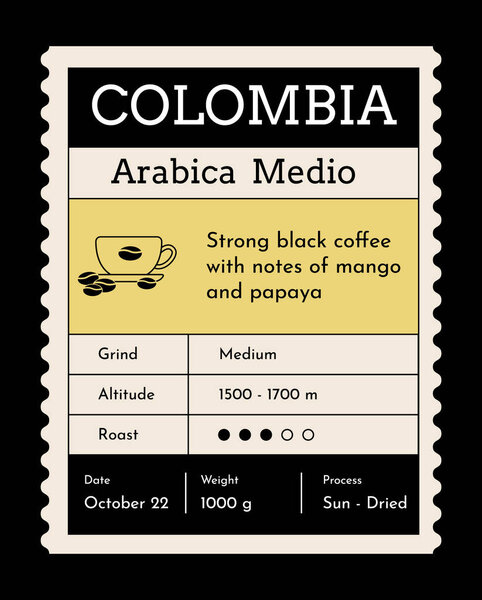 Coffee label mockup. Food package cover design. Caffeine roasted beans packaging. Vintage pack label emblem with minimalistic graphic grid layout. Vector brand tag.